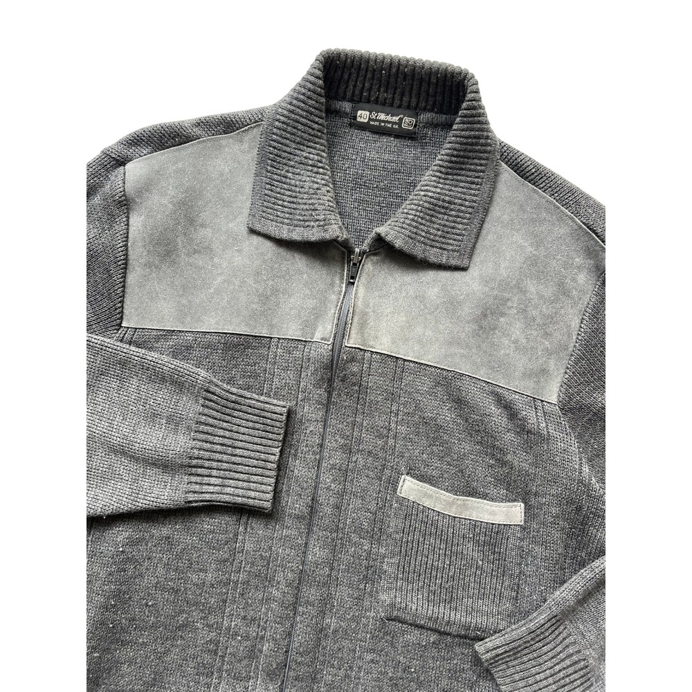 St Michael Mens Vintage Grey Full Zip Suede Trim‎ Cardigan Sweater UK 40 Large